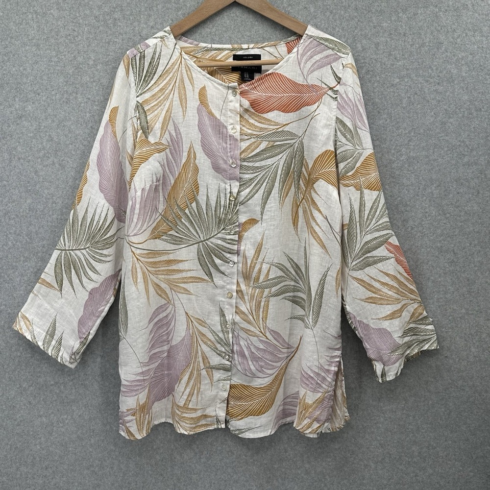 Tahari Women's Plus 100%‎ Linen Tropical Print Beach Tunic Long Sleeve Size 1X
